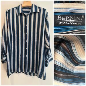 Bernini Platinum Silk Button Down Dress Shirt Blue Silver Stripes Size XXL JP